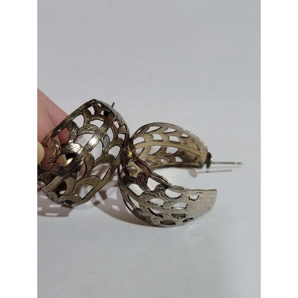 Womens Silver Tone‎ Openwork Lattice Hoop Earrings Textured Wide Chunky Hoops